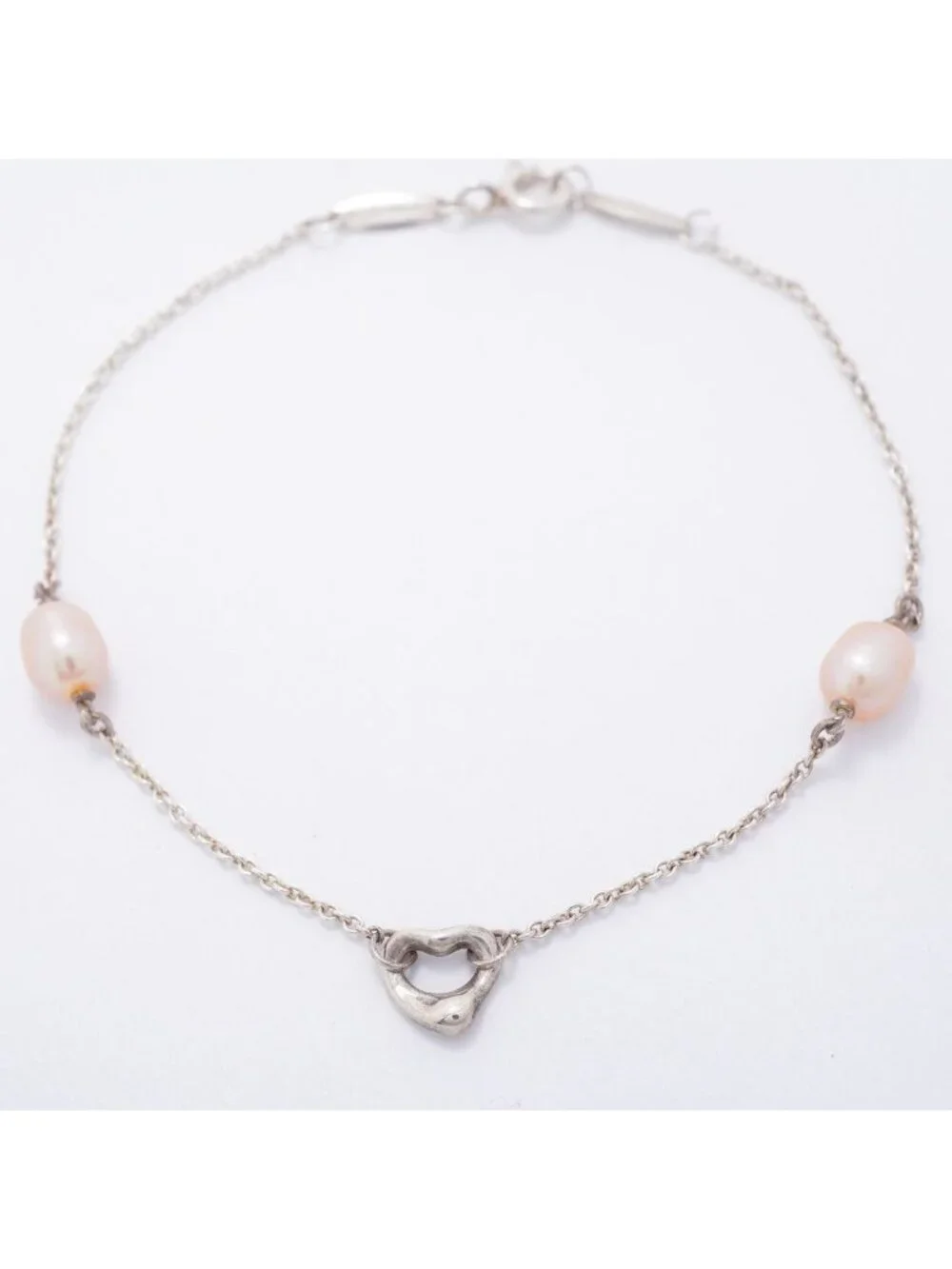 Tiffany & Co Bre Open Heart Pearl by the Yard 925 Sterling Silver Pink Bracelet